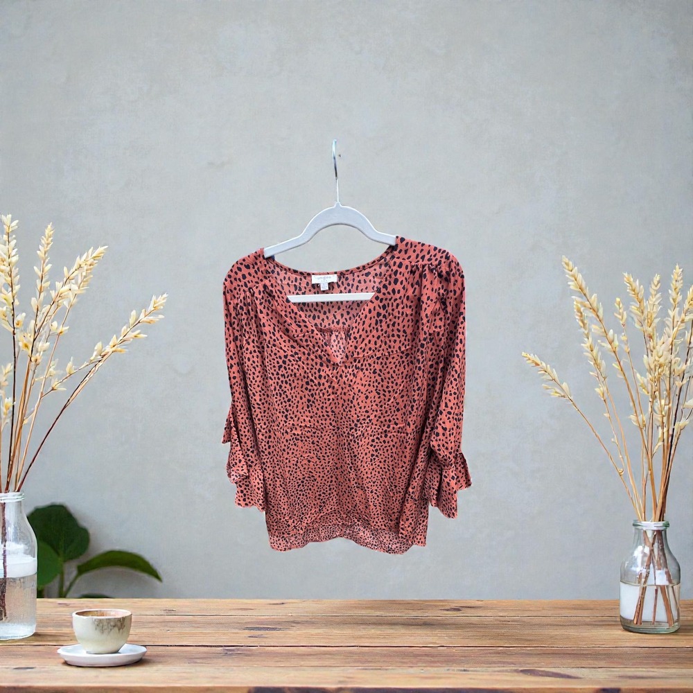 New UMGEE Cheetah Print Bell Sleeve V Neck Blouse Top Orange Black Size L